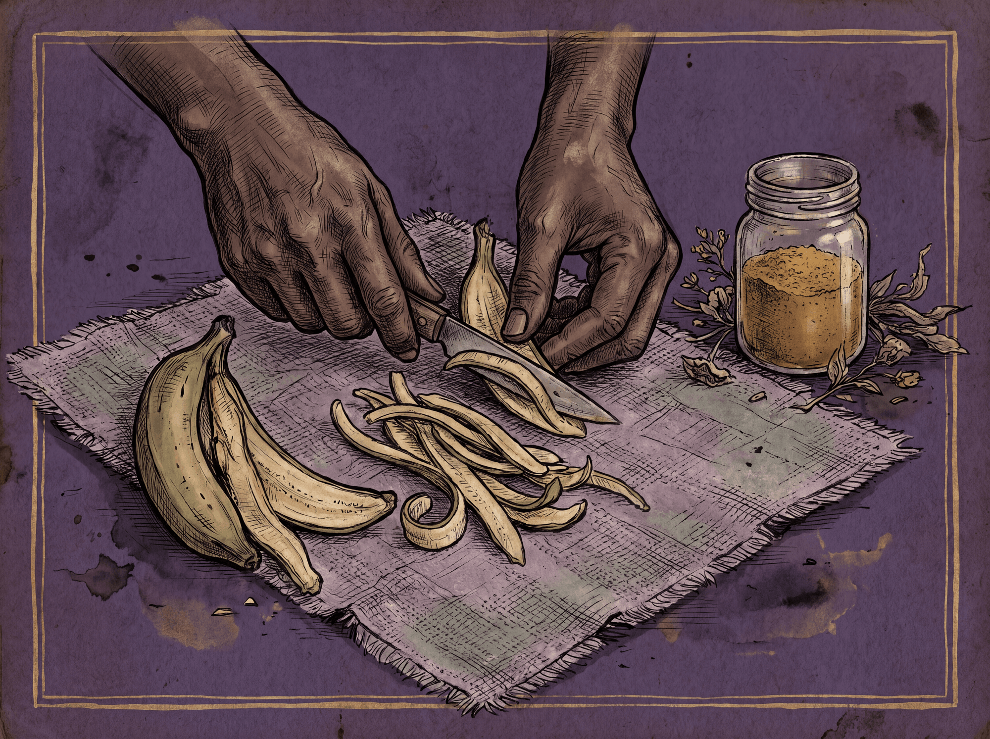 Ink wash illustration of dark brown hands peeling and slicing banana skins into strips, laying them on woven cloth to dry, a glass jar of finished golden-brown powder nearby