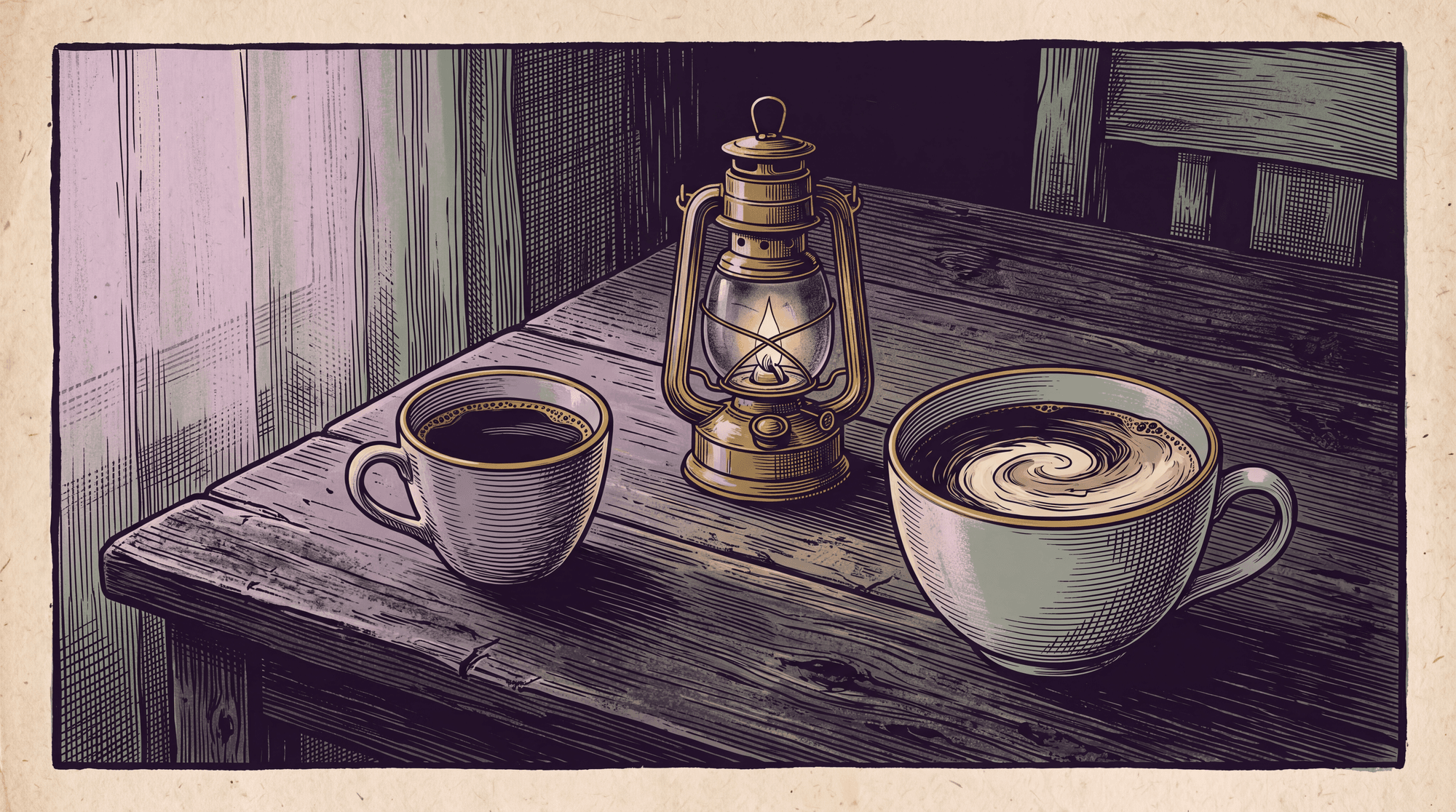 Editorial illustration of two cups on a dark table at first light — one of coffee, one of dark chicory brew with milk — beside a small lit lantern