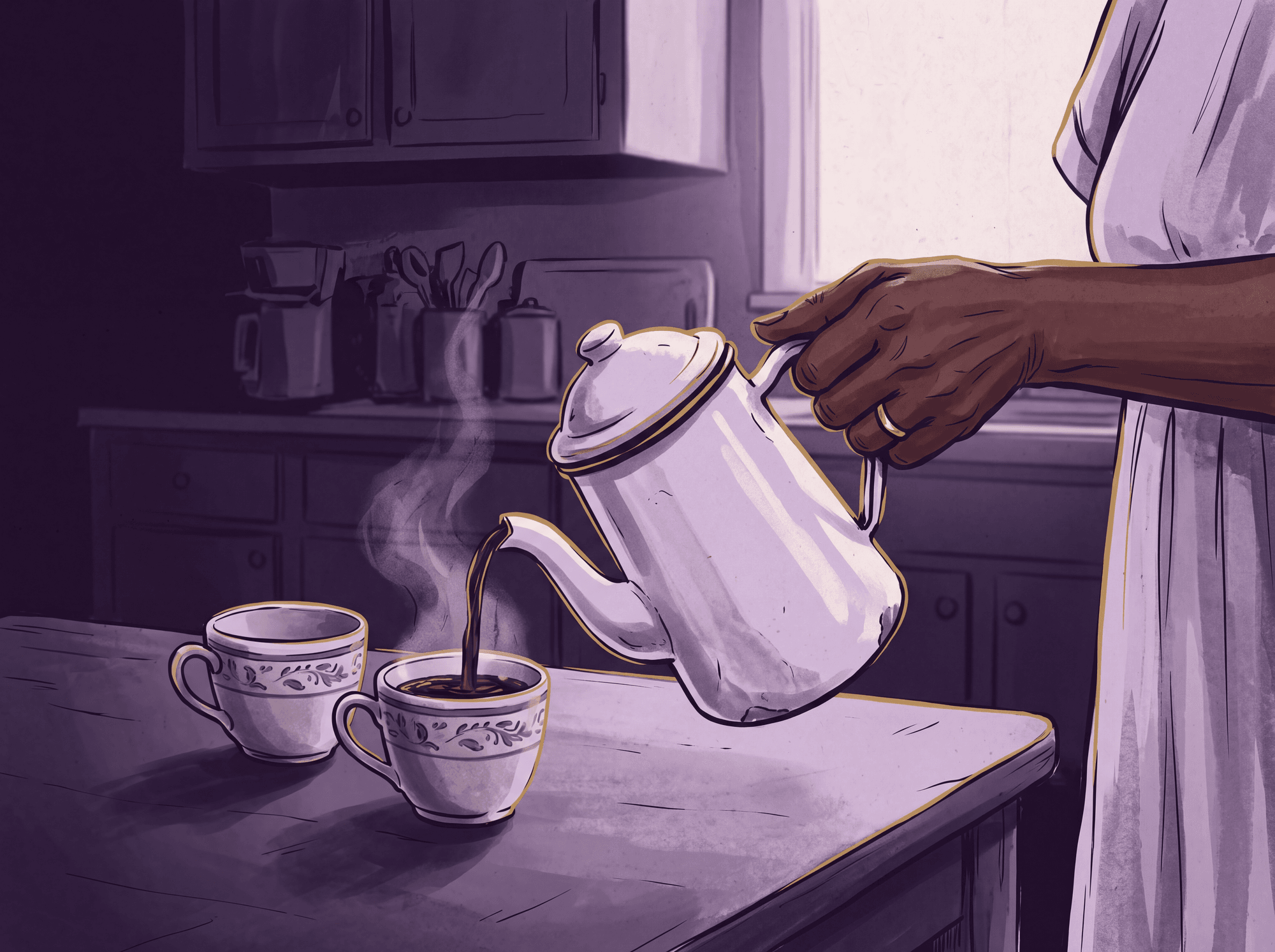 Ink wash illustration of an elder woman's hand and forearm pouring dark chicory coffee from a dented enamel pot into one of two small cups at a kitchen table, in soft dawn light