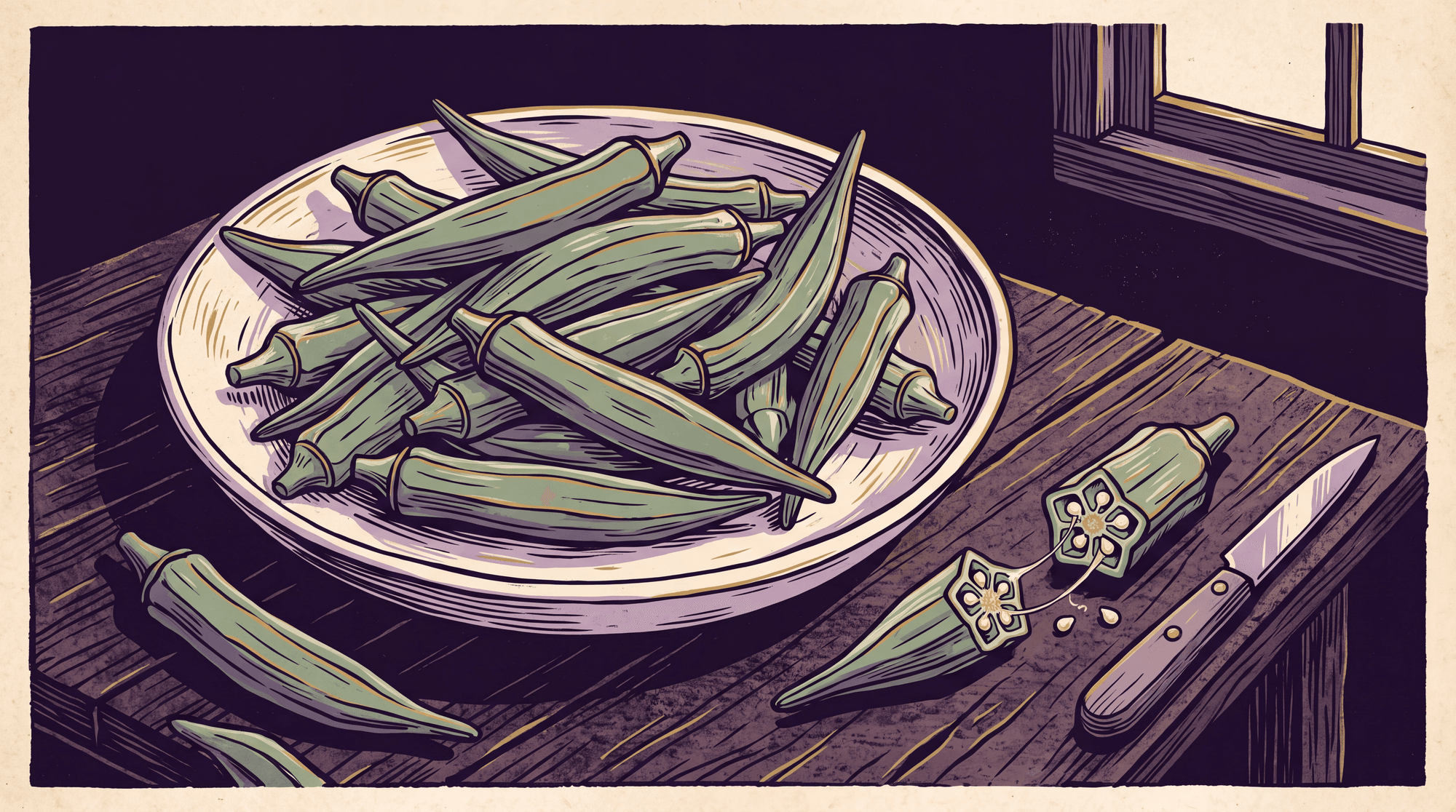 Editorial illustration of a ceramic plate heaped with fresh green okra pods, one cut open beside it to show its five-chambered star of seeds, on a deep violet ground with gold linework
