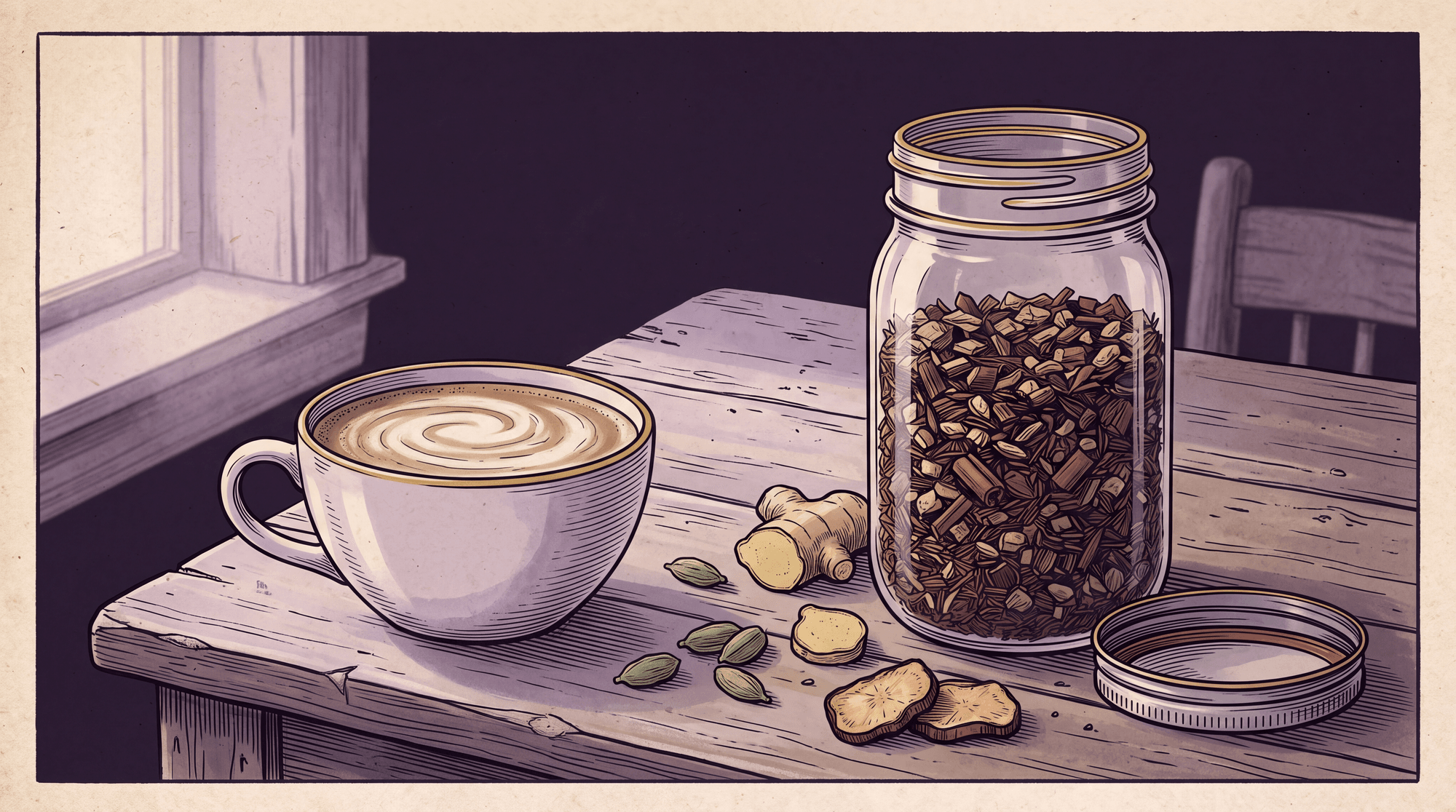 Editorial illustration of a pint jar of dark roasted chicory blend beside a cup of the finished latte, spices scattered on a wooden table